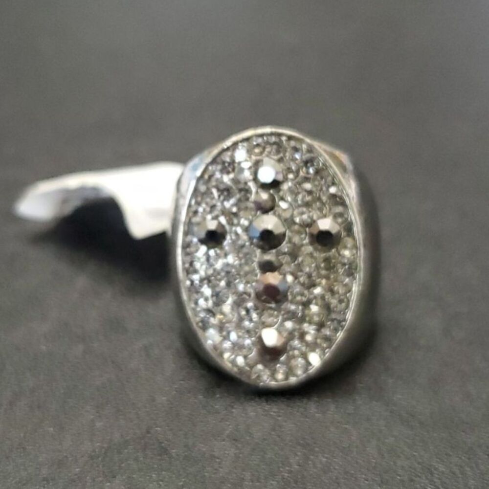 Silver Tone Grey Rhinestone Sparkly Adjustable Ring
